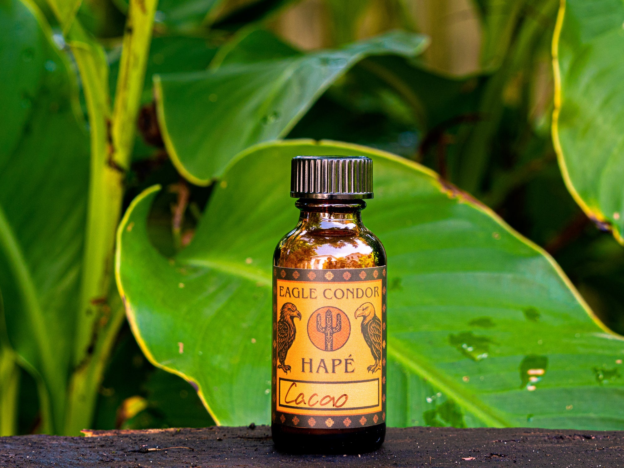 Bottle of Eagle Condor Hape Cacao against a green leafy background