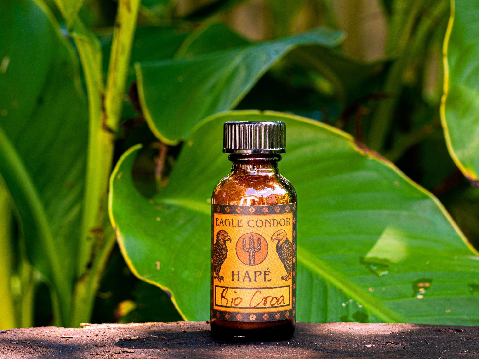 Bottle of Eagle Condor Hape on a leafy background